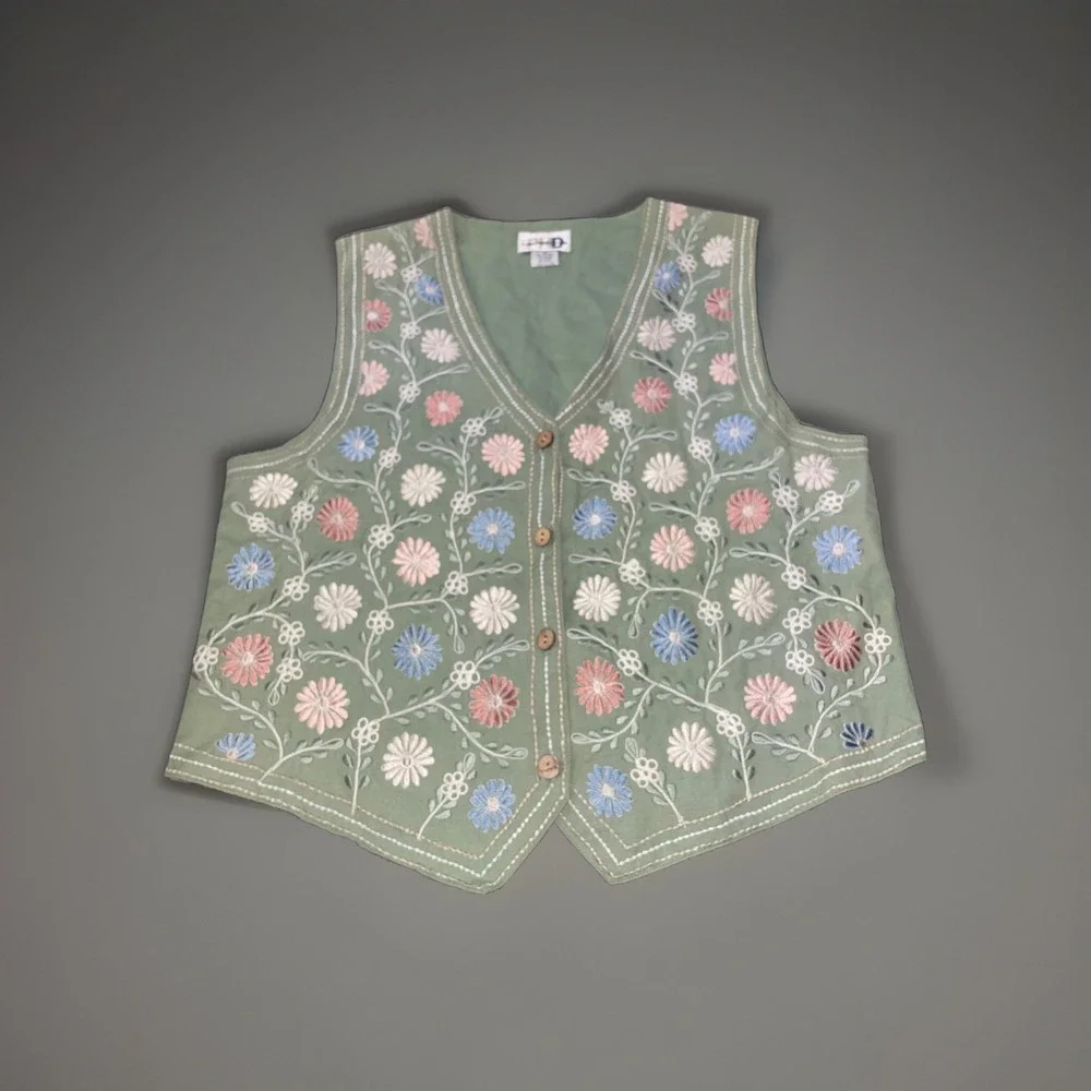 Vintage Paul Harris Design Floral Embroidery Vest Cottagecore Size Medium - Picture 1 of 4
